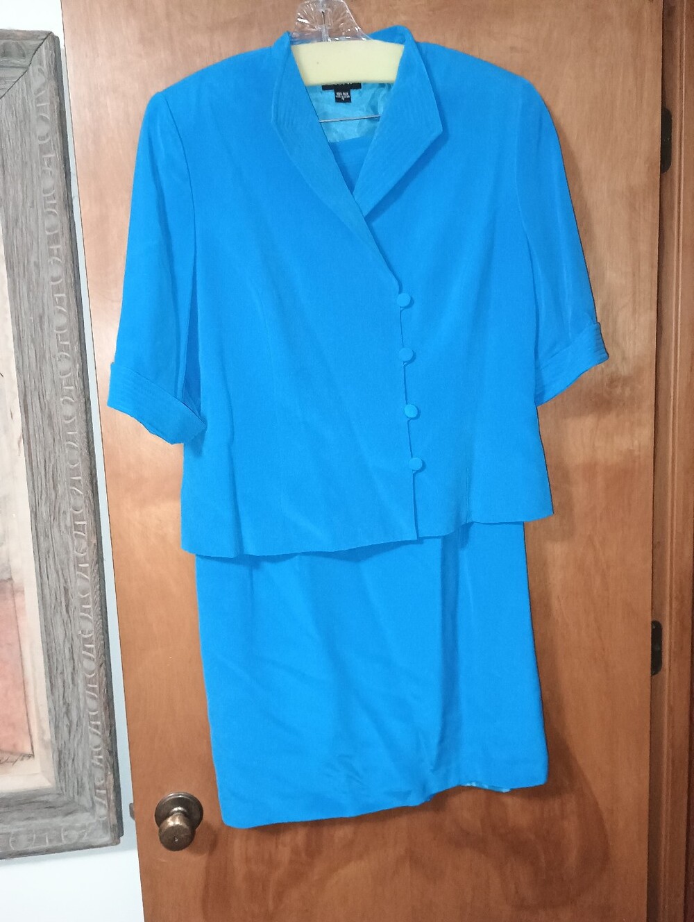 SHOMI 100% Silk Suit Blue Green Jacket & Skirt Size 16 Measurements in pic